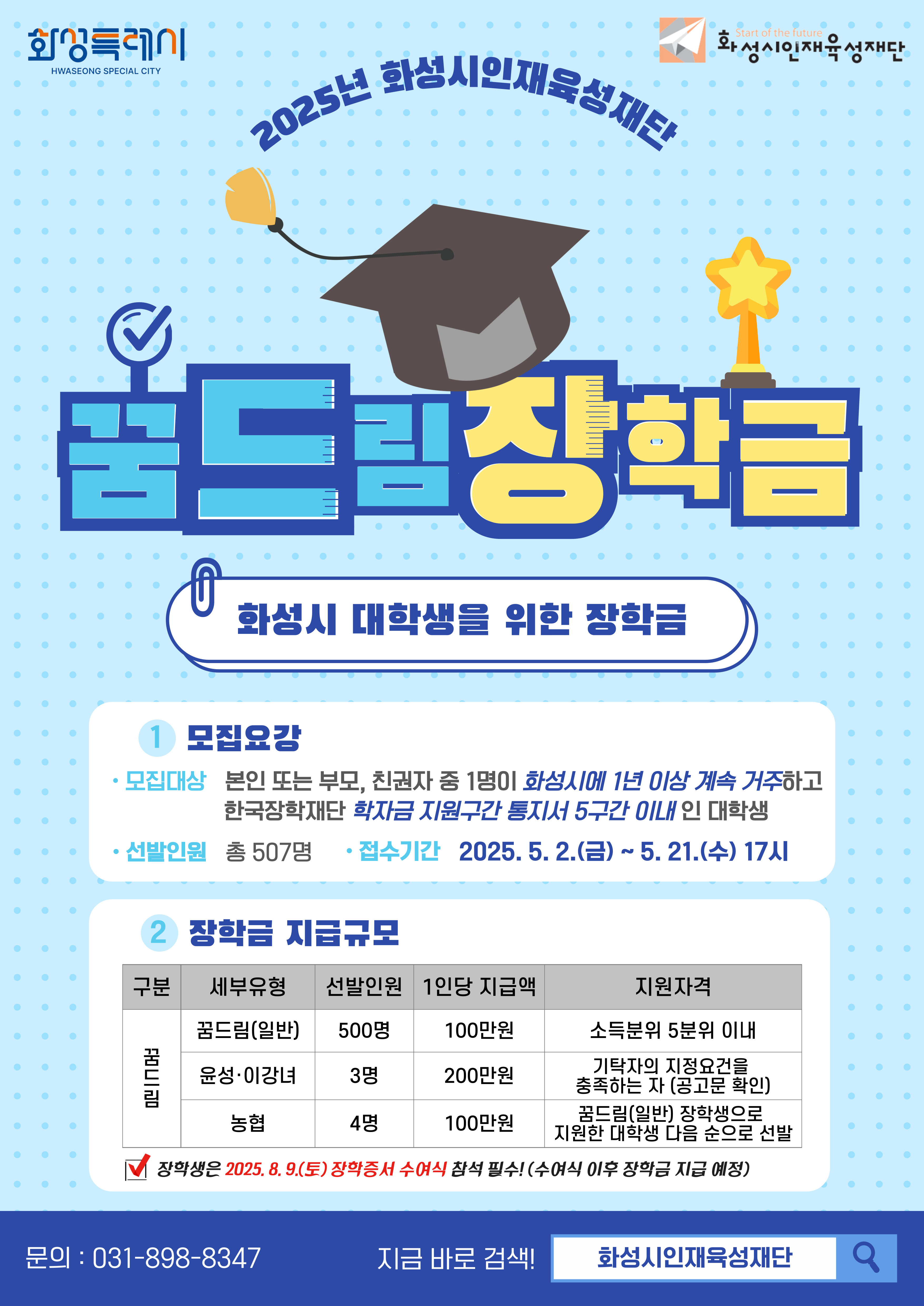 2025년 화성시인재육성재단 꿈드림 장학금 장학생 선발 안내